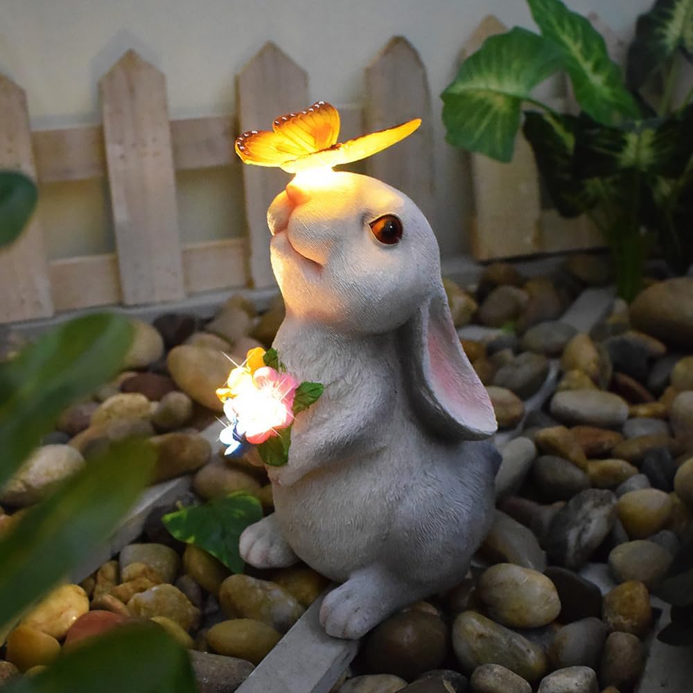 Solar Kaninchen Figuren Gartendeko für Draussen, Kaninchen Gartenstatuen mit Solarlicht, Osterhase m