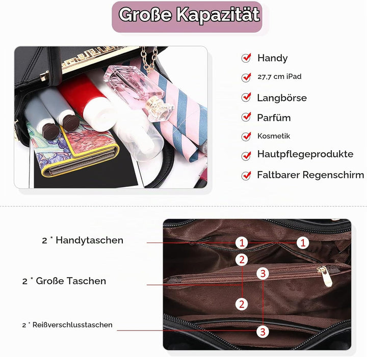 DIRRONA Handtasche Damen Gross – Umhängetasche & Tote Bag mit Blumenstickerei und Pom-Pom-Dekoration
