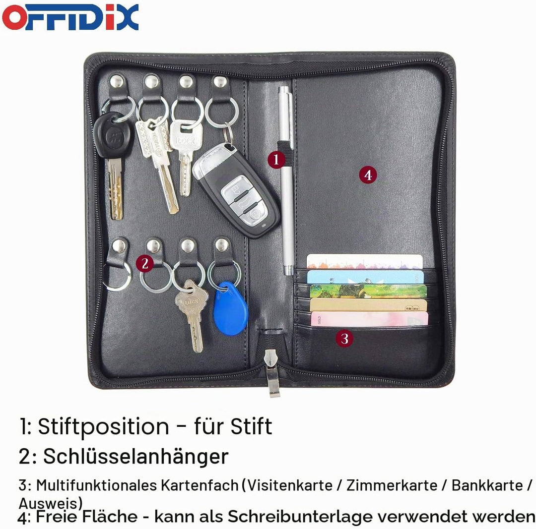 OFFIDIX Tragbares Schlüsseletui aus PU-Leder mit 8 Schlüsselhaken, tragbares Reissverschlussetui für