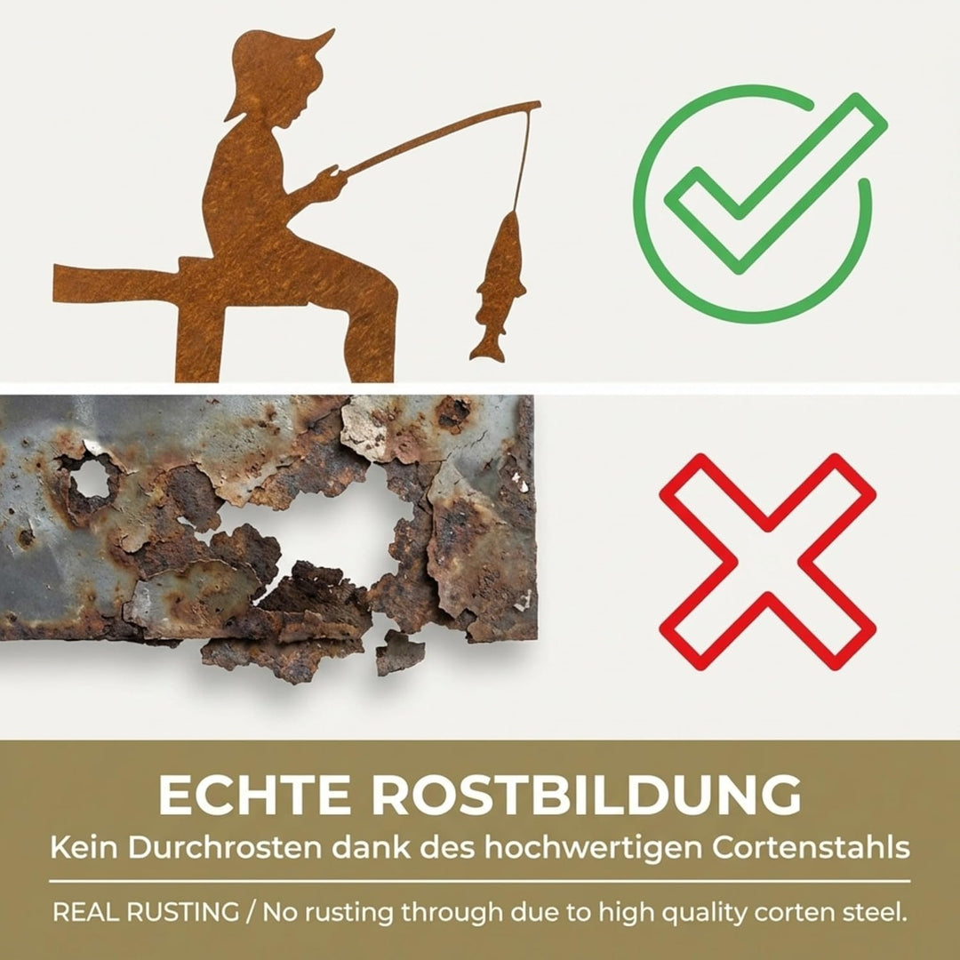 Edelrost Angler Gartenstecker-einfach einsteckbare Rostdeko aus hochwertigem Cortenstahl für Garten,