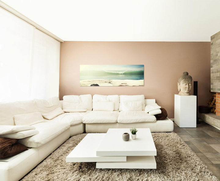 Paul Sinus Art Panoramabild auf Leinwand und Keilrahmen 120x40cm Strand Meer Surfbrett Welle Vintage