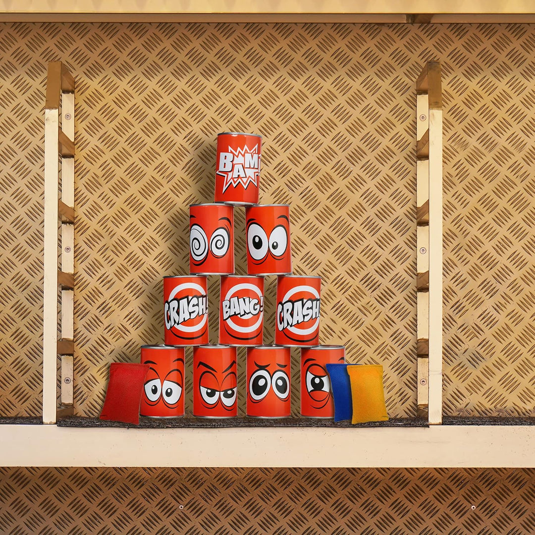 Relaxdays Dosenwerfen für Kinder, Büchsenwerfen Garten, 10 Blechdosen & 3 Säcke, Wurfspiel für Kinde