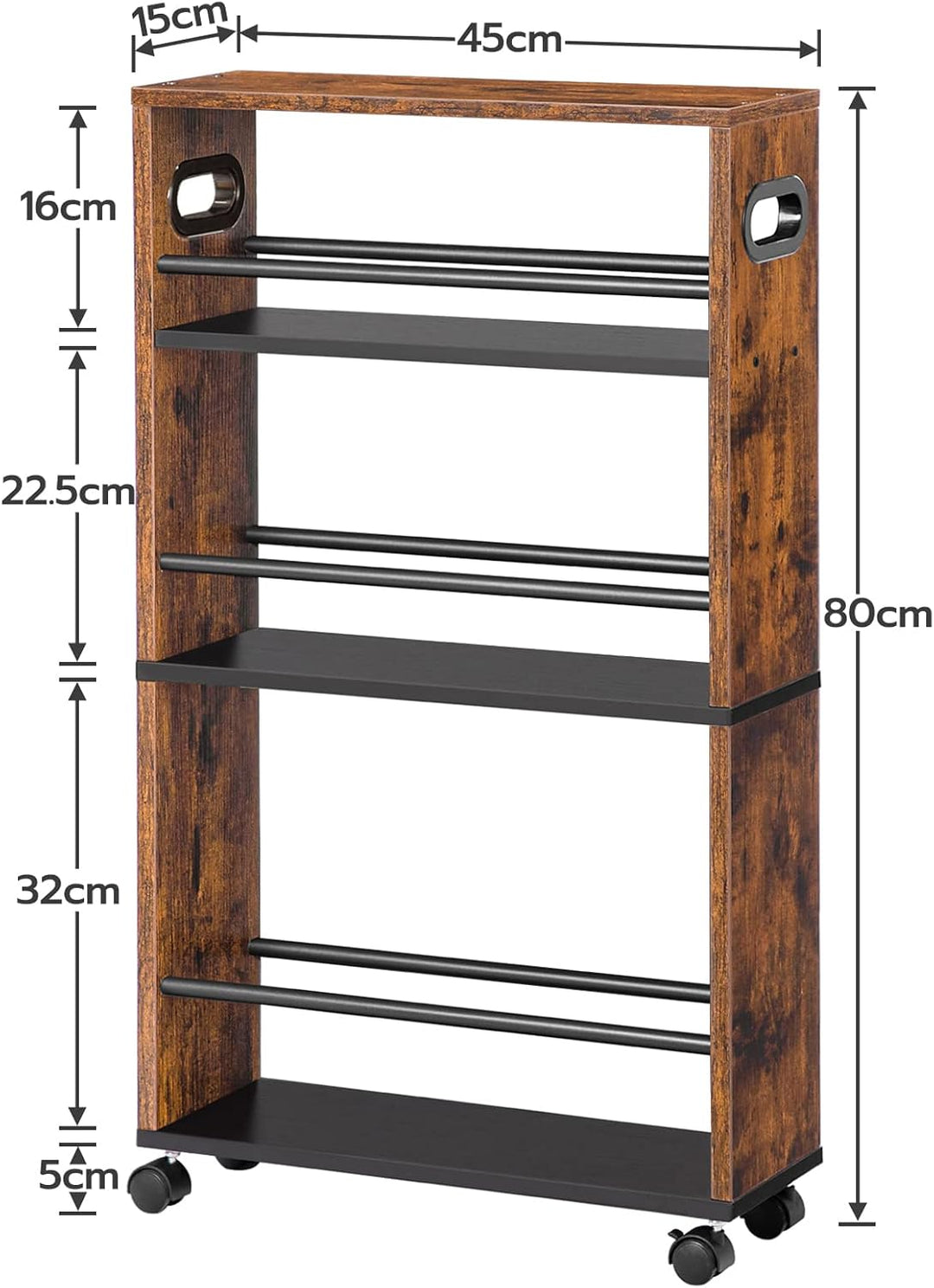 HOOBRO Schmaler Servierwagen, 45 x 15 x 80 cm, Küchenwagen mit 4 Ebenen, Küchenregal mit 360° Drehba