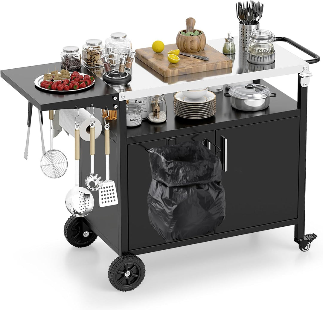 COSTWAY Grillwagen Outdoor, Grilltisch mit Edelstahlplatte, klappbarem Seitentisch, Schrank, 6 Haken