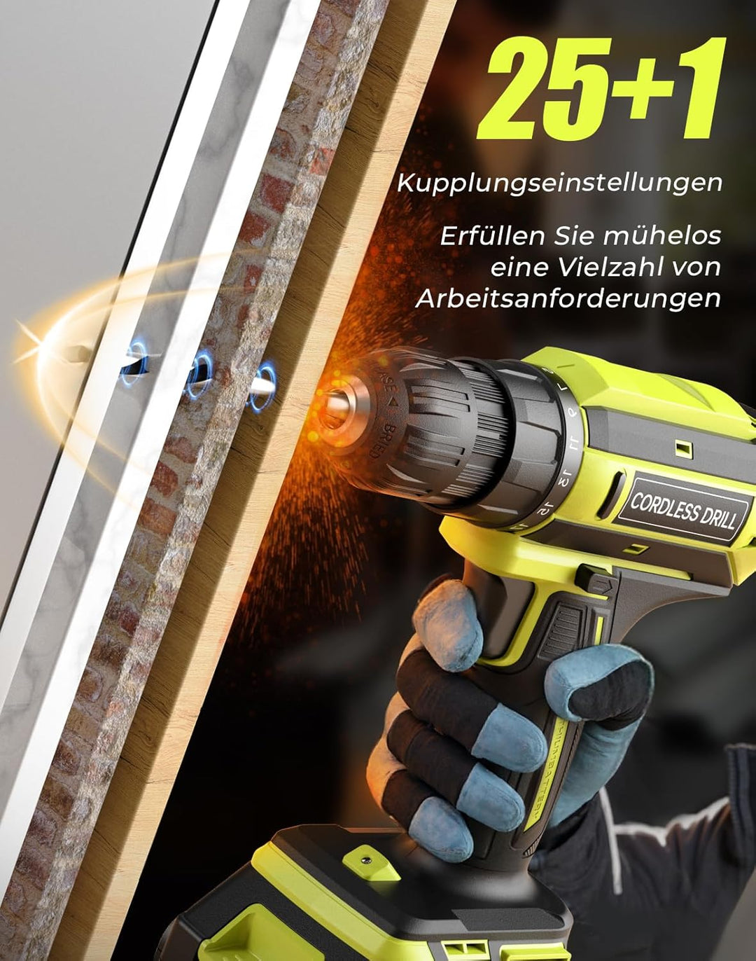 Akkuschrauber, 20V Akku Bohrschrauber, 25+1 Drehmomentstufen Akkubohrer, 42Nm Max Drehmoment, LED-Li