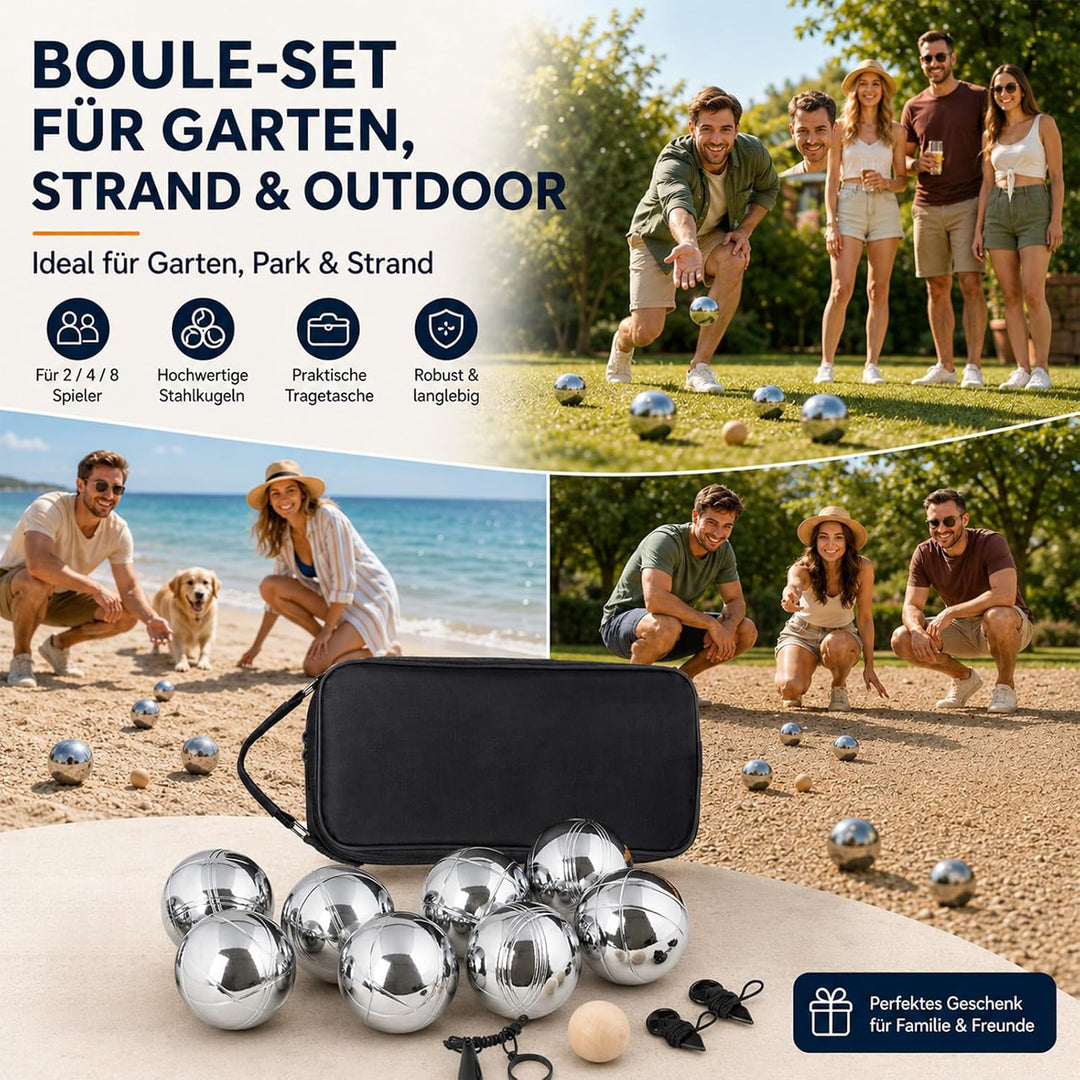 Boules-Set aus verchromtem Stahl (8 Kugeln),2 Holz-Zielkugeln, Abstandsmesser &amp; Ballabsauger | Kompl
