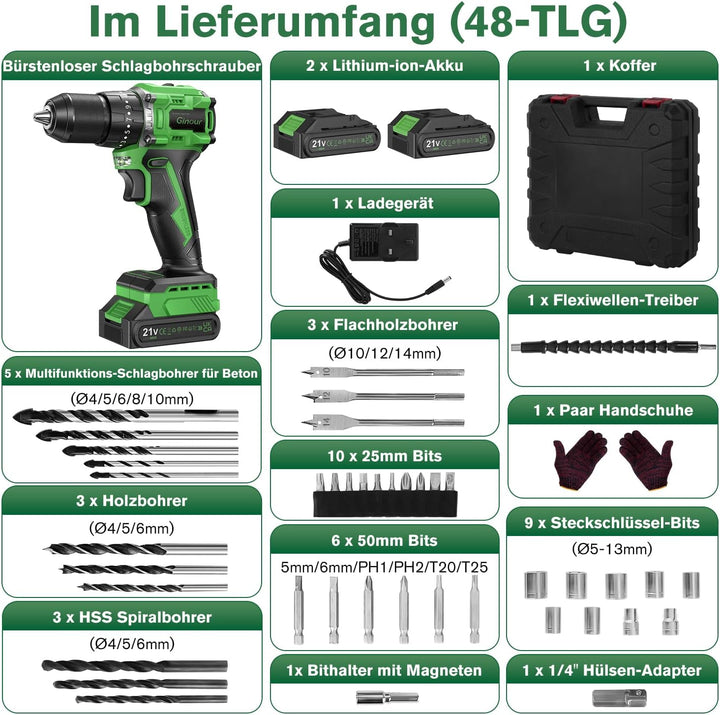 Ginour 21V Bürstenlos Akku Schlagbohrschrauber Set inkl. 2x2.0Ah Akku, 50 Nm Bohrschrauber, 23+3 Dre