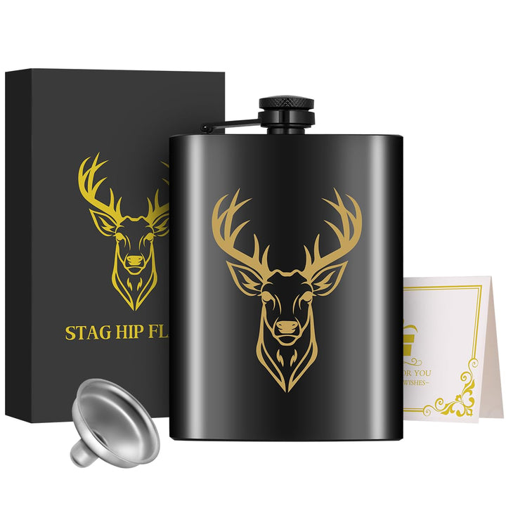 8oz/237ml Edelstahl Flachmann, Taschenflasche, mit Trichter und Grusskarte, Geschenkbox, Goldenes Hi