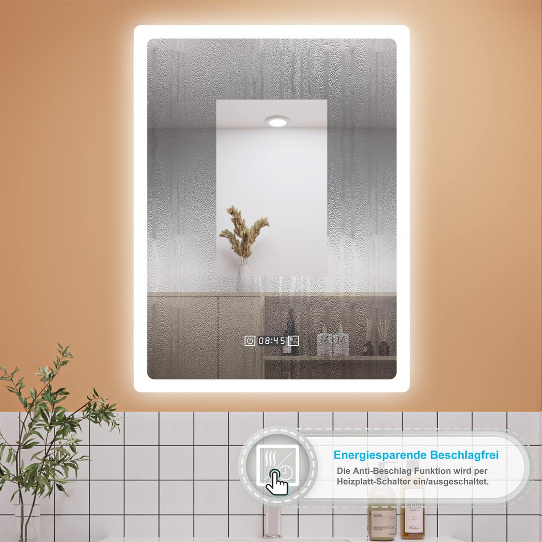 Aica Sanitär LED Badspiegel 50×70cm mit Uhr 3 Lichfarbe dimmbar Memory Wand/Touchschalter Anti-Besch