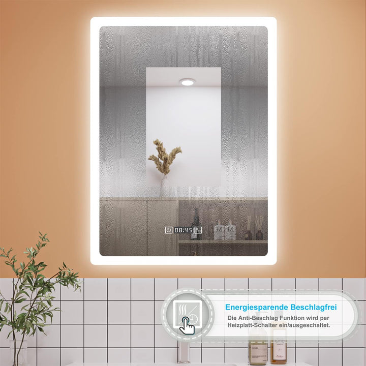 Aica Sanitär LED Badspiegel 50×70cm mit Uhr 3 Lichfarbe dimmbar Memory Wand/Touchschalter Anti-Besch