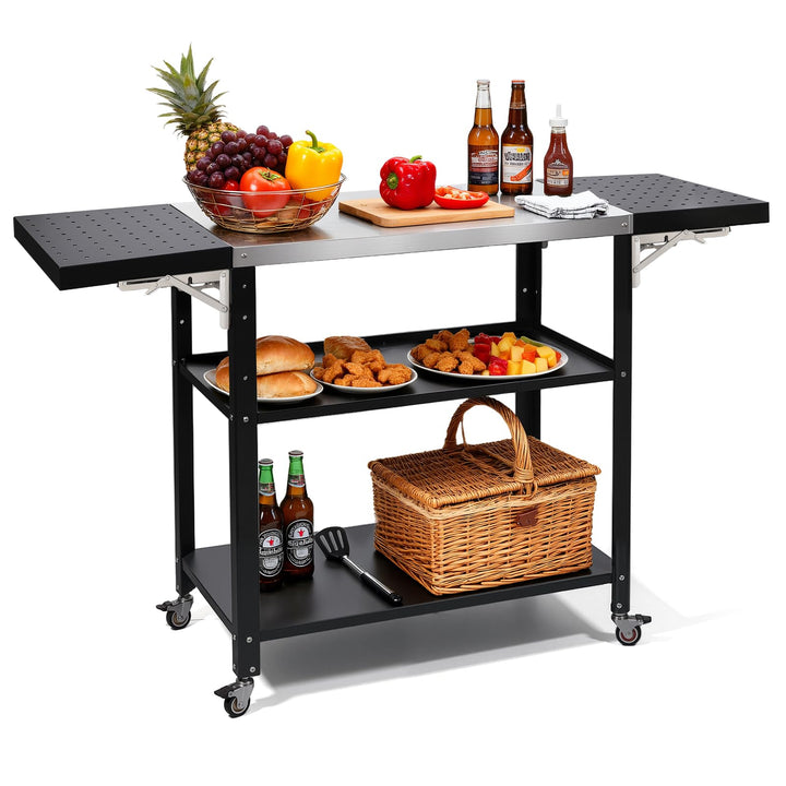 Gourmet Grilltisch Klappbar Servierwagen 3 Etagen Küchenwagen, Edelstahl Grillwagen Beistelltisch Ou