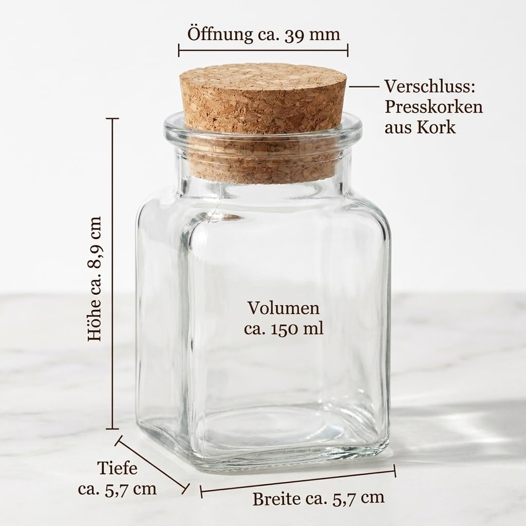 gouveo 24er Set Gewürzgläser 150 ml eckig mit Korken - Kleine Korkengläser mit Korkverschluss - Leer