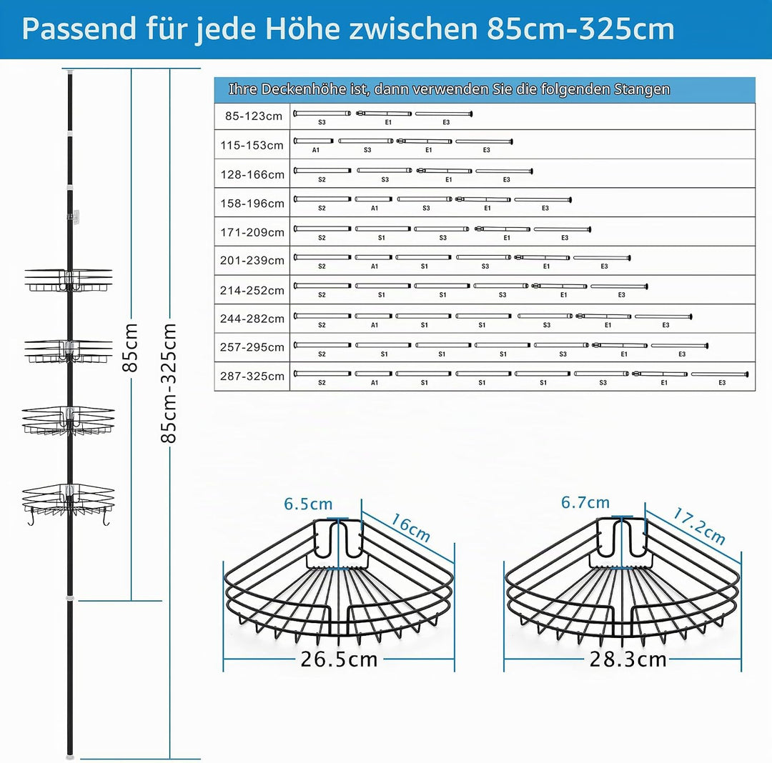Teleskop Duschregal ohne Bohren Duschablage Ecke Metall Eckregal Bad Badregal Organizer Höhenverstel