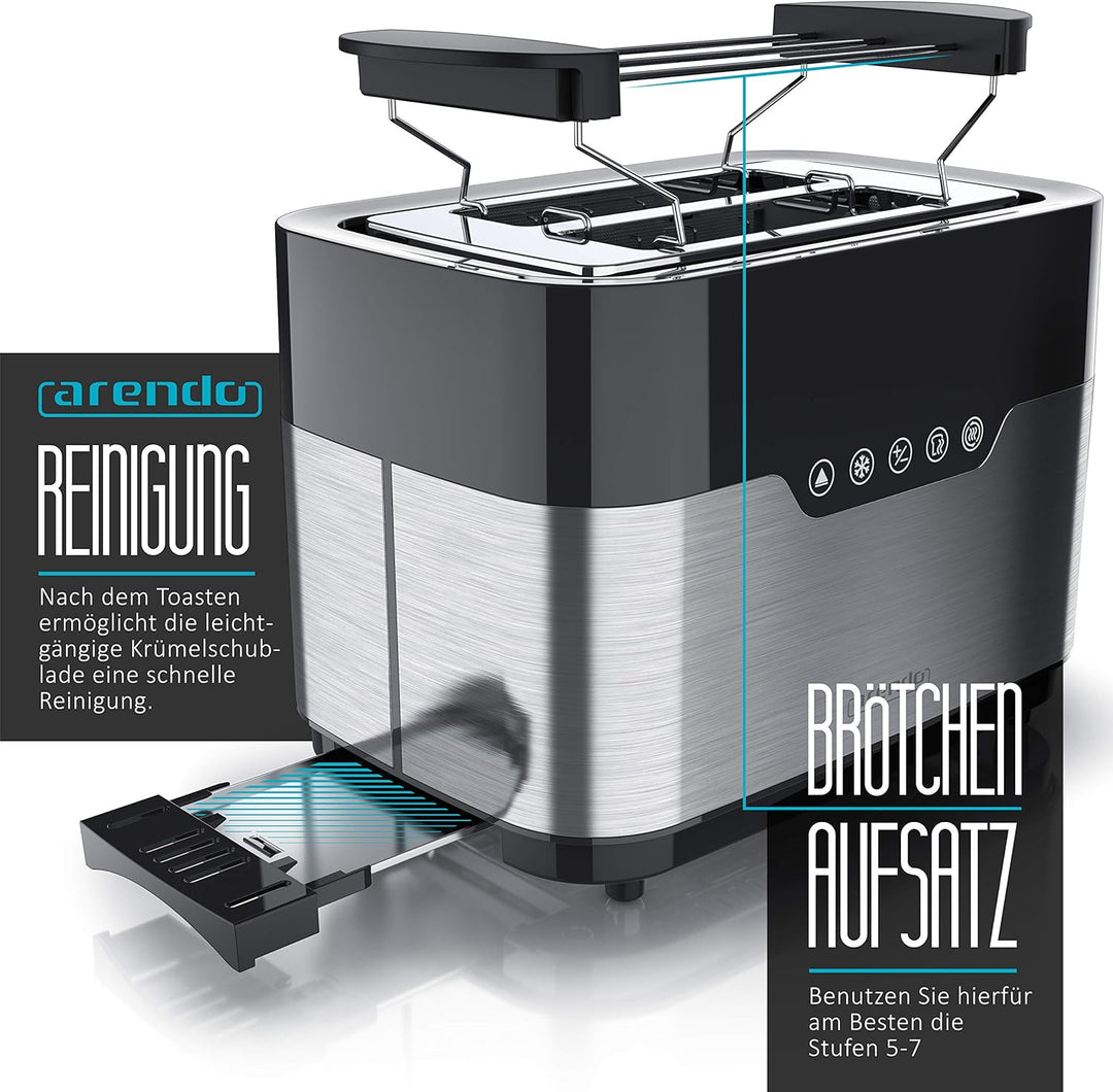 Arendo - Toaster 2 Scheiben Edelstahl - Touchdisplay – mit Brötchenaufsatz - extra breite Schlitze –