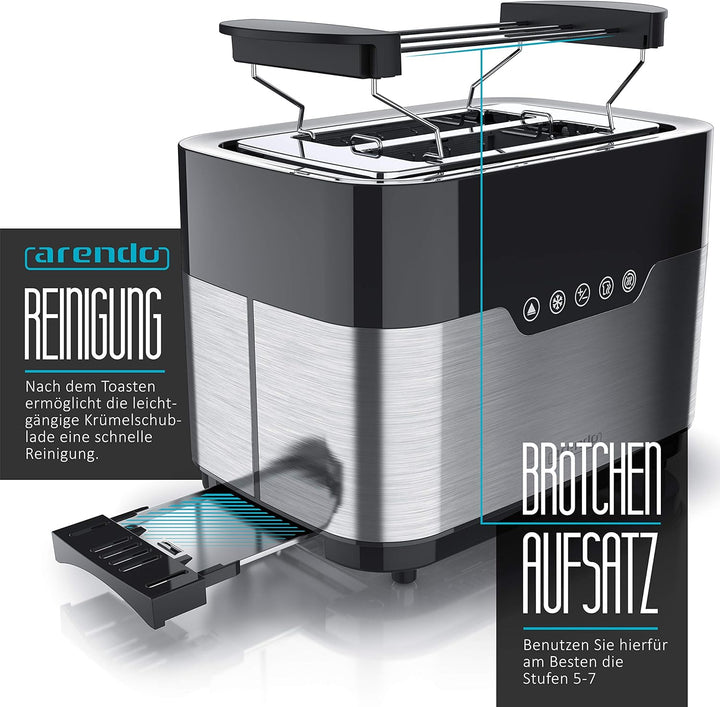 Arendo - Toaster 2 Scheiben Edelstahl - Touchdisplay – mit Brötchenaufsatz - extra breite Schlitze –