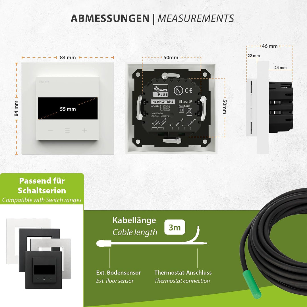 Heatit Z-TRM6 Z-Wave Plus Thermostat Raumregler mit EXT. Sensor für Fussbodenheizung elektrisch und