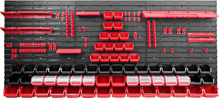 Lagersystem Werkstattregal | 172 x 78 cm | 62 stck. Box | Wandregal mit Werkzeughalterungen und Stap