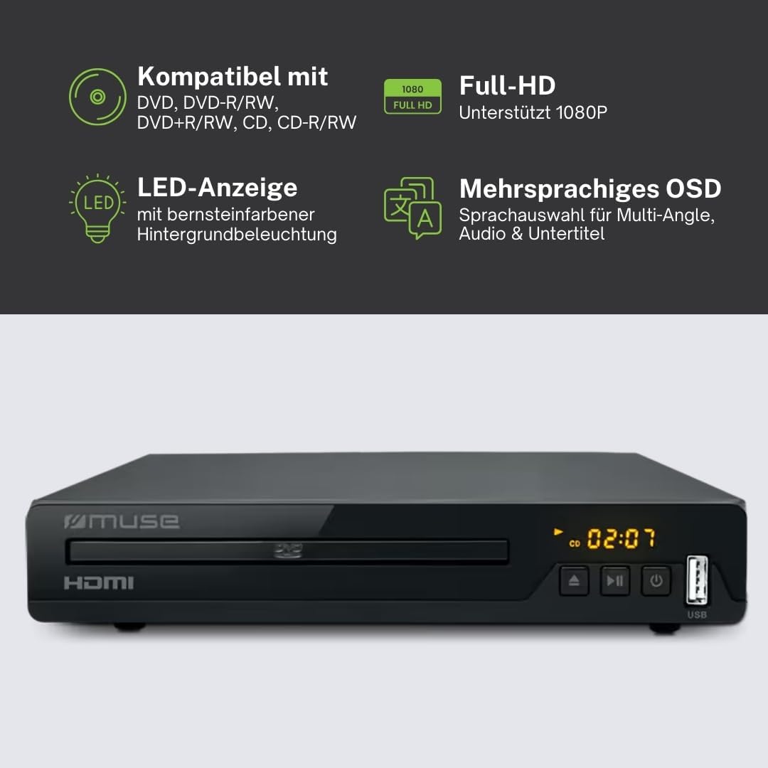 Muse M-55 DV Full HD DVD-Player, kompatibel mit DVD+R/RW, CD, CD-R/RW, MP3-, JPEG- und Xvid-Wiederga