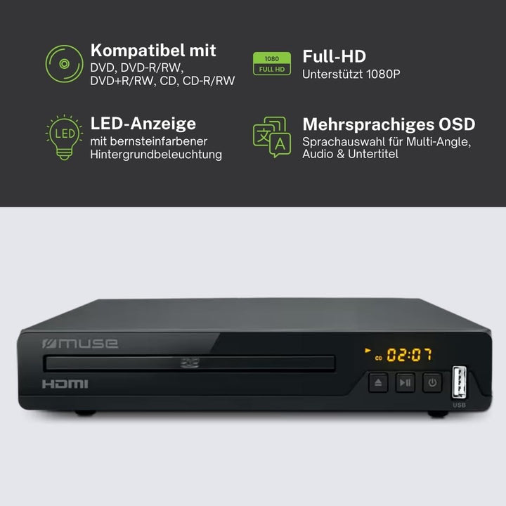 Muse M-55 DV Full HD DVD-Player, kompatibel mit DVD+R/RW, CD, CD-R/RW, MP3-, JPEG- und Xvid-Wiederga