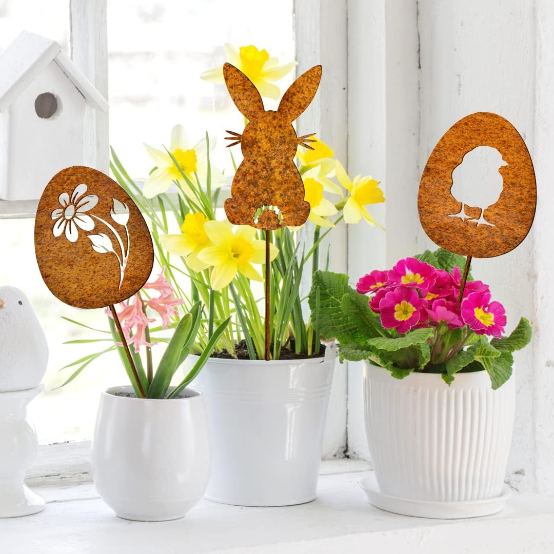 Terma Stahldesign Edelrost Ostereier & Hase 3er Set Handmade Germany, Osterdeko Rostoptik, Rostfigur