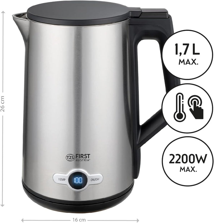 TZS First Austria Edelstahl Wasserkocher 2200W, 1,7 L, Temperatureinstellung 60-100 Grad, Warmhaltef