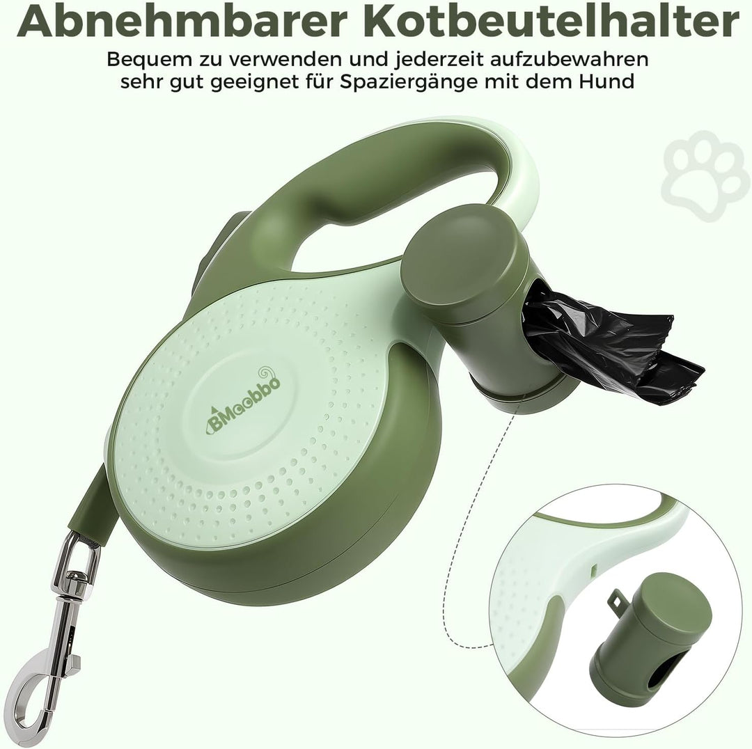 Einziehbare Hundeleine 8m, Rollleine mit bissfesten Stahlseil & Kottaschenhalter, Verhedderungsfreie