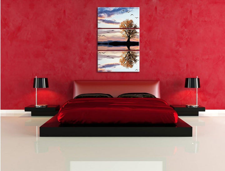 Pixxprint Baum spiegelt Sich im Wasser als Leinwandbild/Grösse: 3 Teilig (120x80) cm/Wandbild/Kunstd