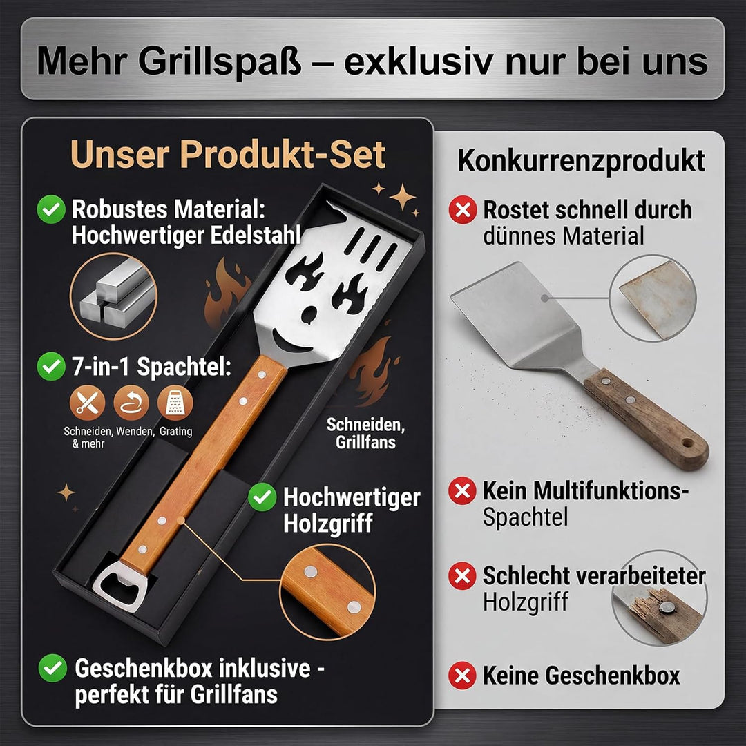 7 in 1 grillspachtel für Barbecue Grill Multifunktion Grillbesteck mit Holzgriff Geschenke für Männe