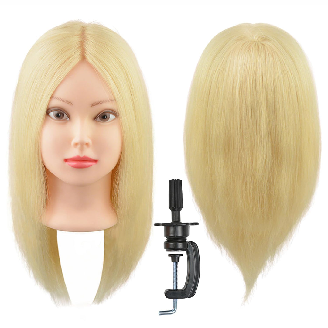 18 Zoll Mannequinkopf mit 100% Echthaar mit Verstellbarer Klemmhalterung Friseurkopf fur Frisurendes
