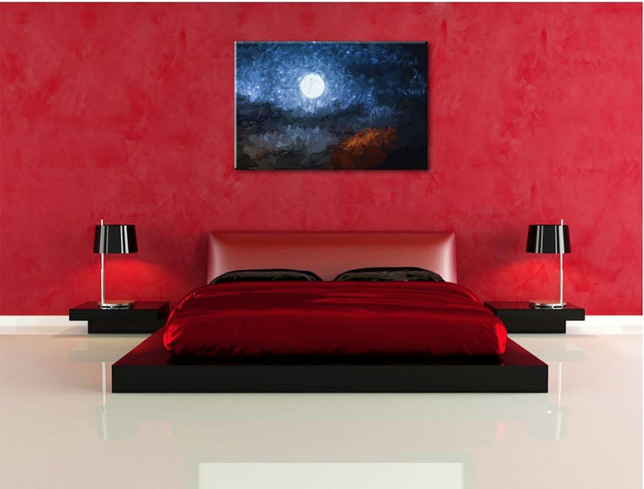 Pixxprint Leuchtender Mond am Nachthimmel Kunst Pinsel Effekt, Format: 100x70 auf Leinwand, XXL ries