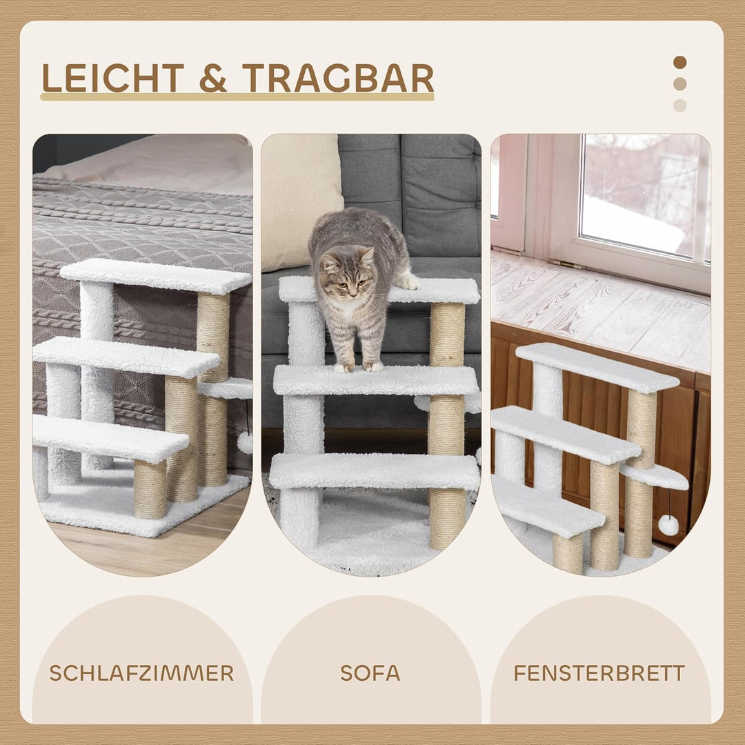 PawHut Katzentreppe 3 Stufen Tiertreppe Treppe für Katze mit Kratzsäulen Ball Haustiertreppe Hundetr