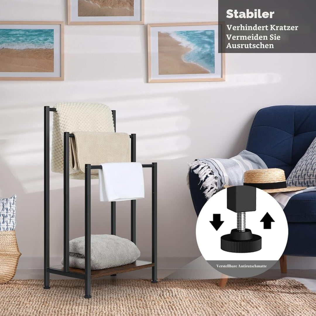 Freistehender Handtuchständer, Badetuchhalter mit 3 stangen, Rustikalem Braunem Holzregal, Industrie