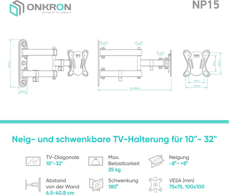 ONKRON neig- und schwenkbare Halterung für TV 10" - 32" mit einem Gewicht bis zu 25 kg max VESA 100x