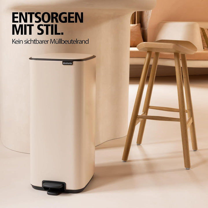 Brabantia Bo Touch Bin Küchenmülleimer 30 L (beige), platzsparender Abfalleimer mit Soft-Touch-Öffnu