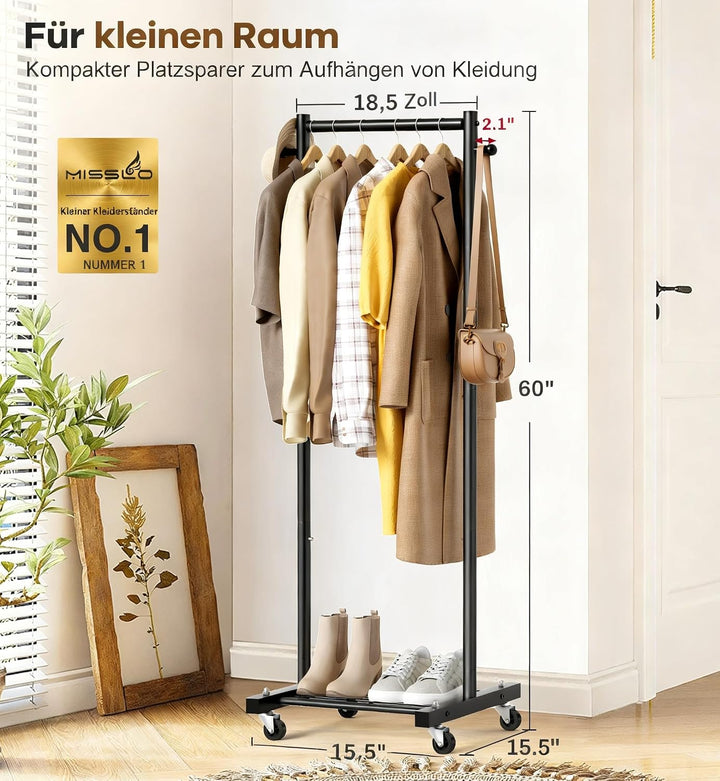 MISSLO Kleine Kleiderstange auf Rollen, Schmal Kleiderständer mit Ablagen, 152 cm Metall Garderobens