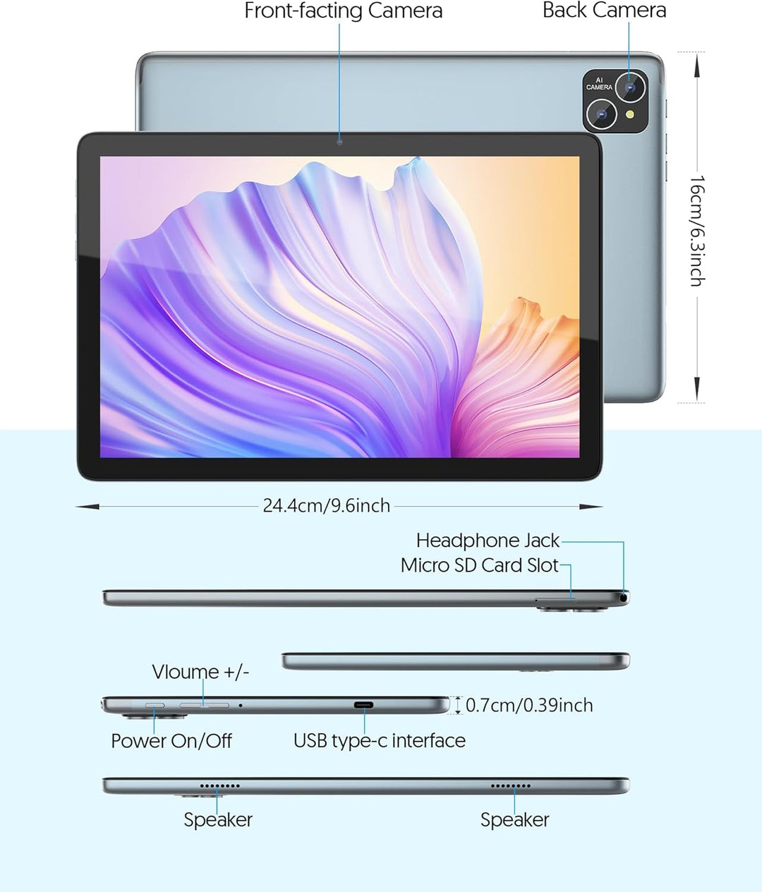 BAKEN Android 14 Tablet mit Tastatur, 10.1-inch, 128GB ROM+ 8GB RAM, 8000mAh Battery, Octa-Core, 2MP