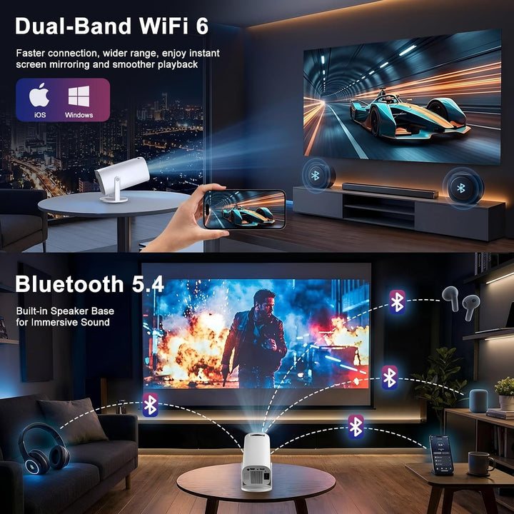 Mini Beamer Unterstützt 4K 1080P, Tragbarer Projektor mit WiFi 6 BT 5.4, Automatische Trapezkorrektu