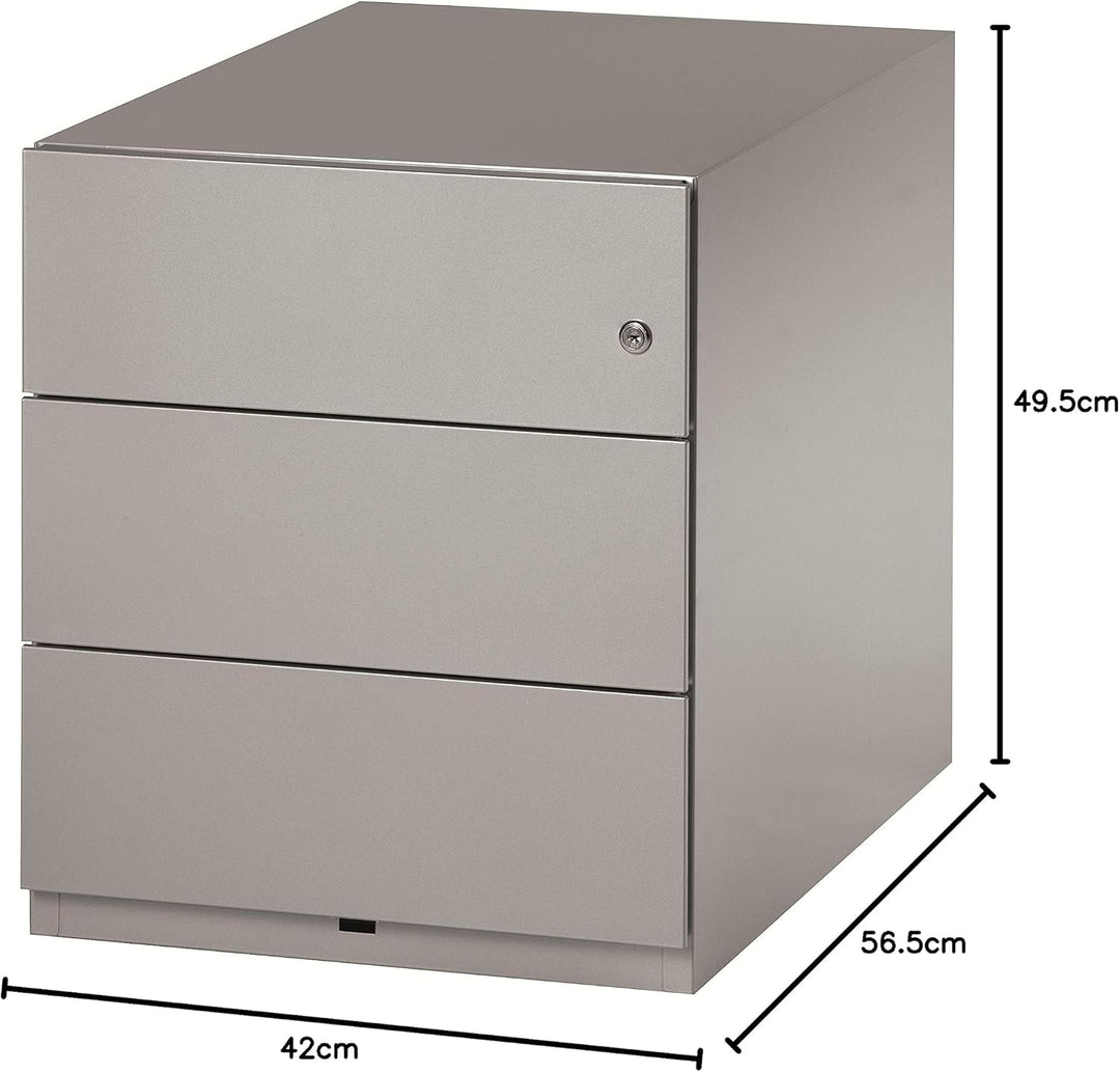 BISLEY Rollcontainer Note mit Griffleiste, 3 Universalschubladen, Metall, 355 Silber, 56.5 x 42 x 49