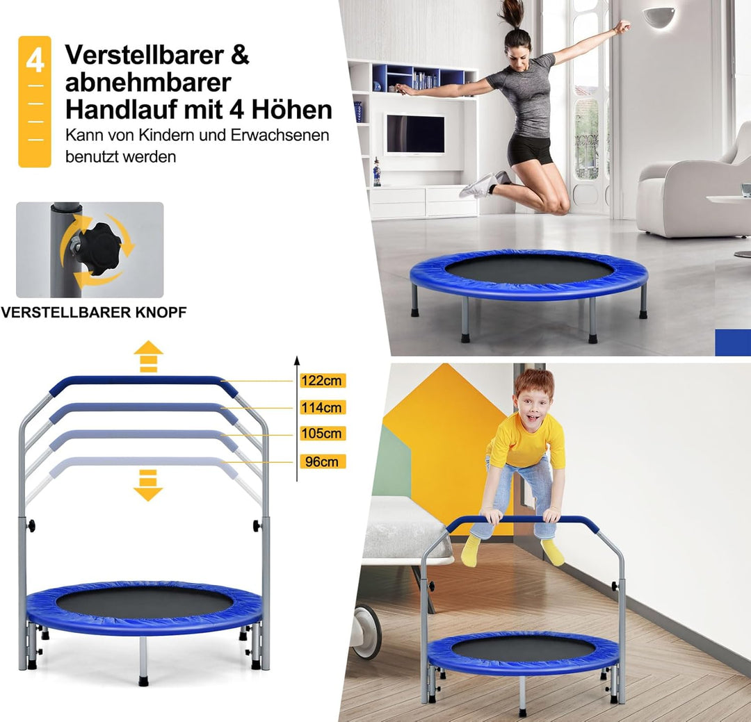 GOPLUS Fitnesstrampolin Indoor, φ101cm Mini Trampolin mit höhenverstellbarer Haltegriff, klappbares