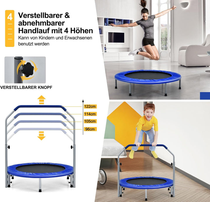 GOPLUS Fitnesstrampolin Indoor, φ101cm Mini Trampolin mit höhenverstellbarer Haltegriff, klappbares