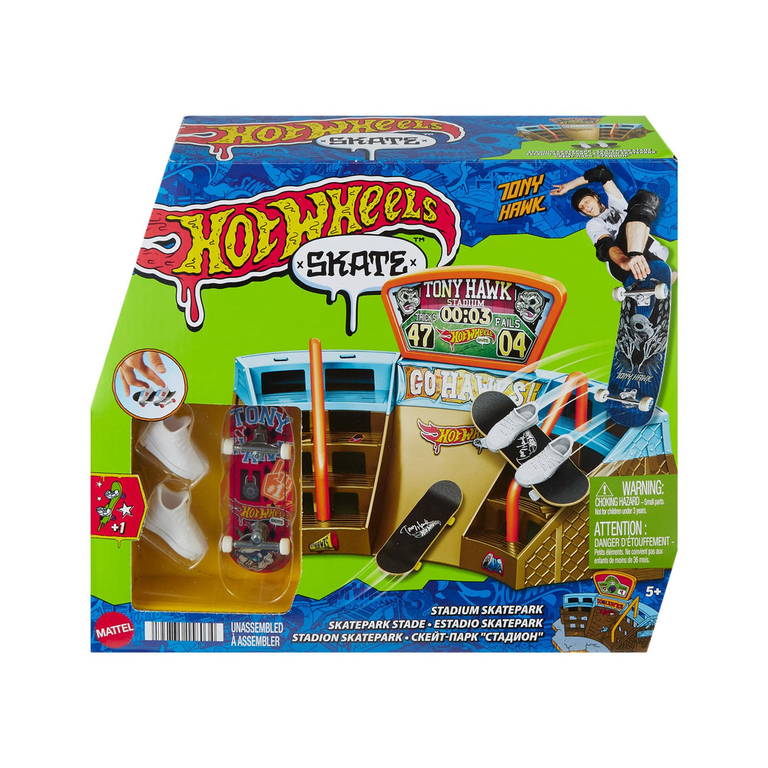 Hot Wheels Skate Stadion Skatepark - 360-Grad-Design, Tony Hawk Fingerboard, abnehmbare Skateschuhe,