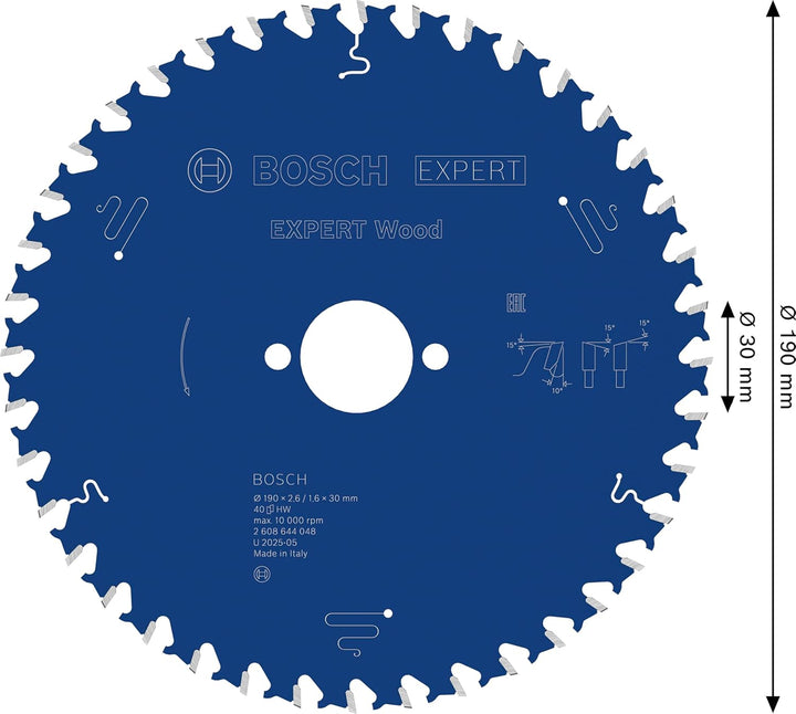 Bosch Professional 1x Kreissägeblatt Expert for Wood (Holz, Sägeblatt Ø 190 x 30 x 2,6 mm, 40 Zähne,