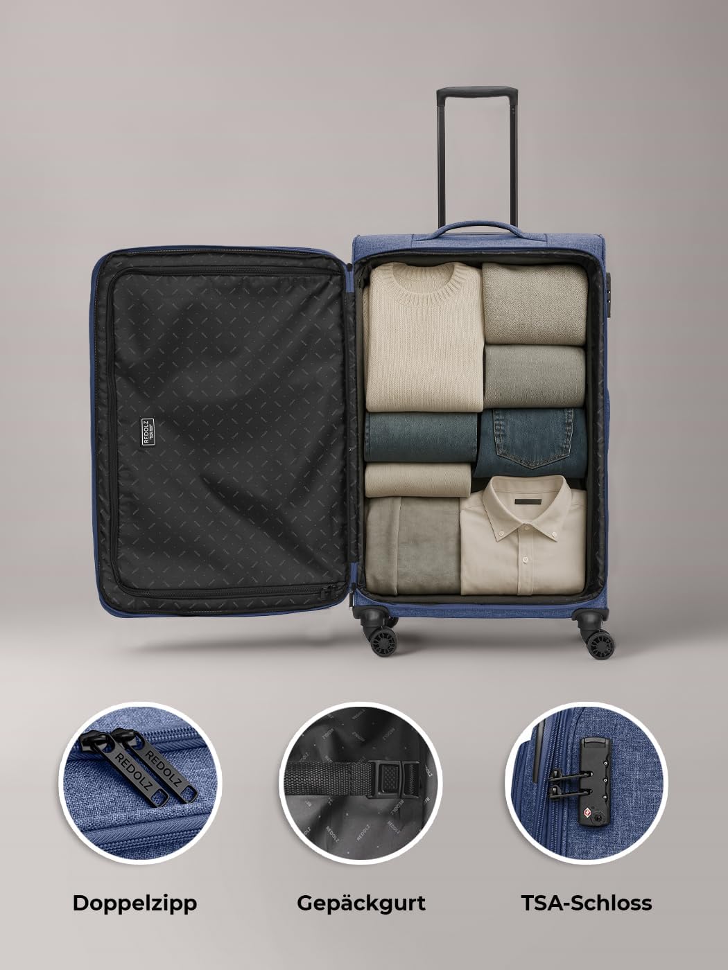 REDOLZ LARGE Weichschalen Koffer für Damen & Herren | leichter Trolley 77 cm mit 4 Doppelrollen & TS
