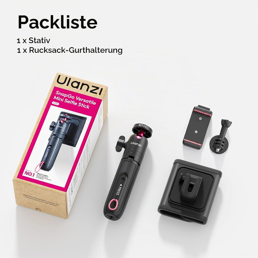 ULANZI MT55 SnapGo Mini Stativ &amp; Selfie Stick, 4-in-1: Mantis/Rucksackgurt/Selfie/Stativ, 360° Kugel