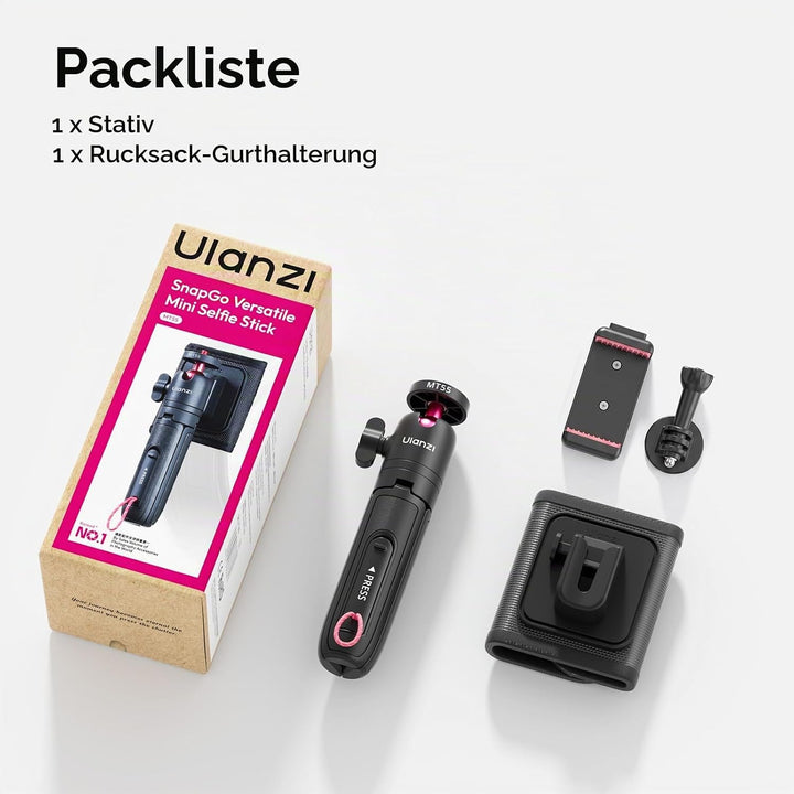 ULANZI MT55 SnapGo Mini Stativ &amp; Selfie Stick, 4-in-1: Mantis/Rucksackgurt/Selfie/Stativ, 360° Kugel