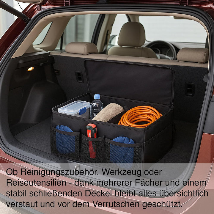 Lescars Auto-Aufbewahrungsboxen: Kofferraum-Organizer mit Fächern und Deckel, 65 Liter, Anti-Rutsch