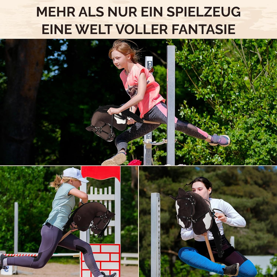 GaloppFreude® Hobby Horse Pferde Braunschecke – Grosses A3 Steckenpferd mit Schraubstab & Trense – H