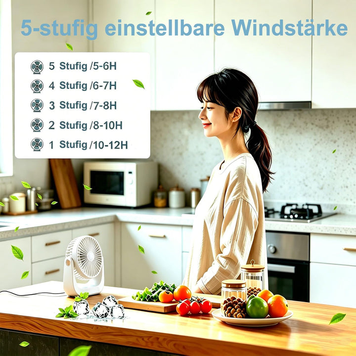 Schreibtischventilator mit Nachtlicht, tragbarer, leiser Ventilator mit USB-Akku, 360° drehbar, 5 Ge