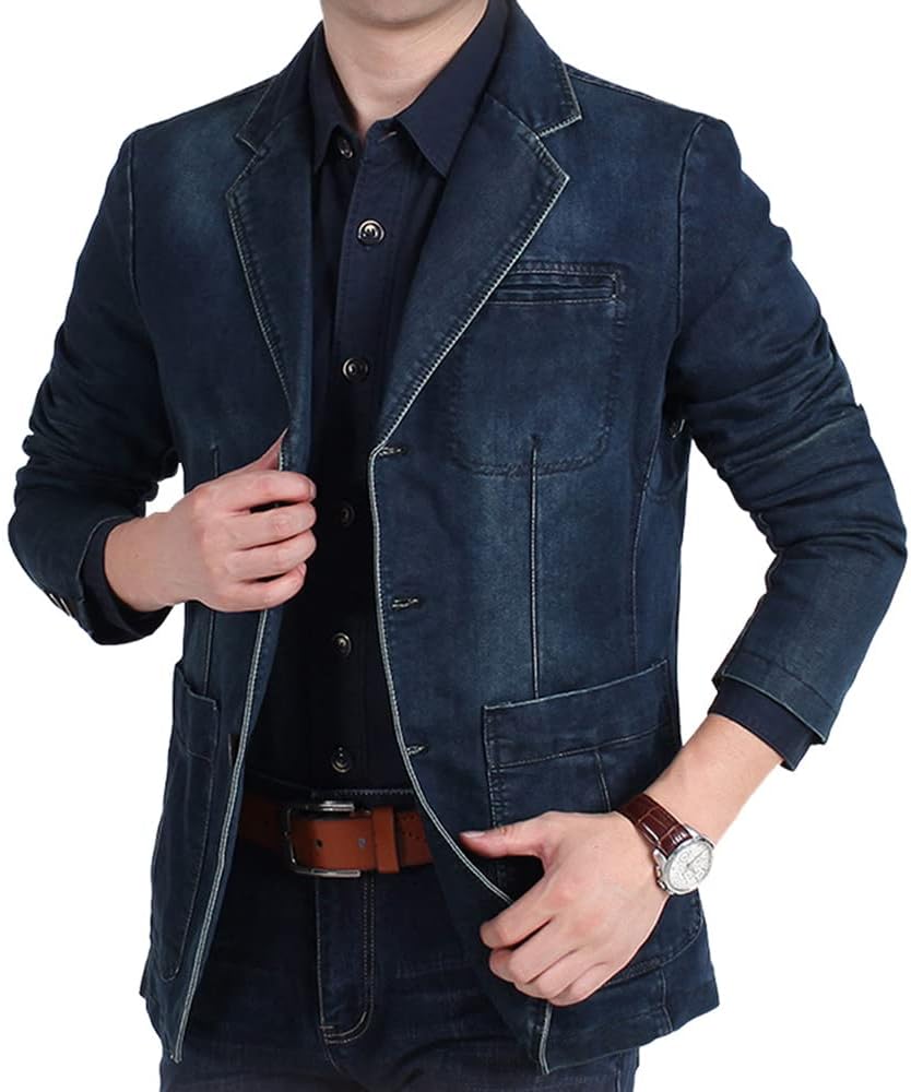 YOUTHUP Herren Slim Fit Denim Sakko Casual Business Freizeit 3 Knöpfe Anzugsjacke mehrere Taschen Bl