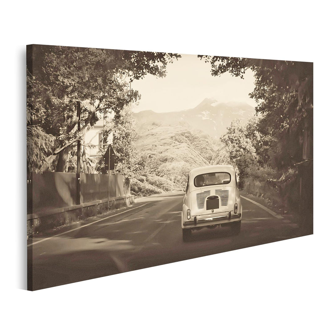 islandburner Bild auf Leinwand Sepia Foto Eines Retro Autos Zu Bergen Bilder Wandbilder Poster Leinw
